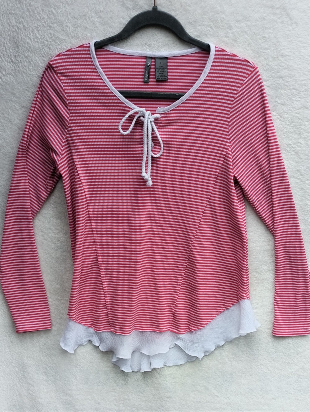 new directions Pink Striped Lace-Up Long Sleeve Top with White Hem. WS 78 - Picture 2 of 6
